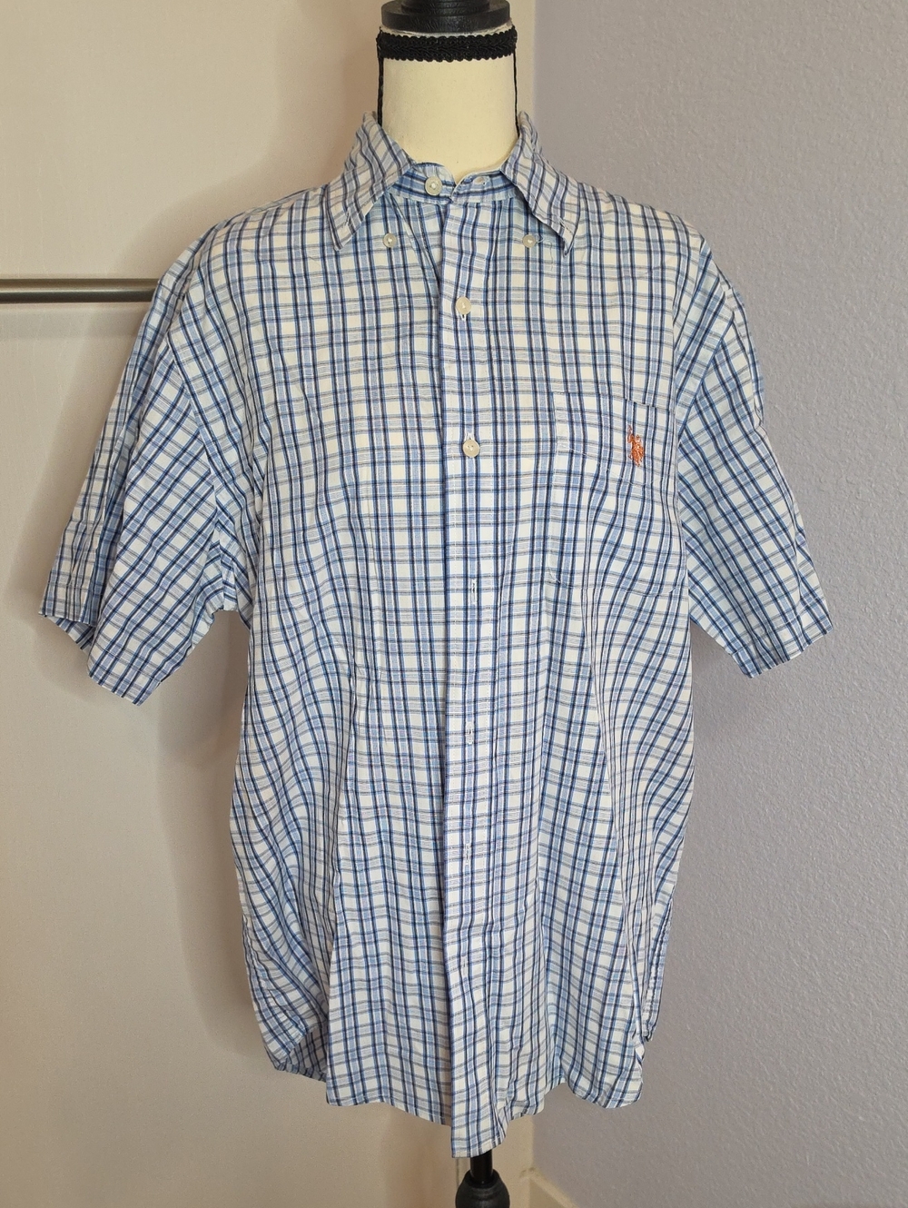 U.S. Polo Assn. Short Sleeve White and Blue Plaid Button-Down Shirt